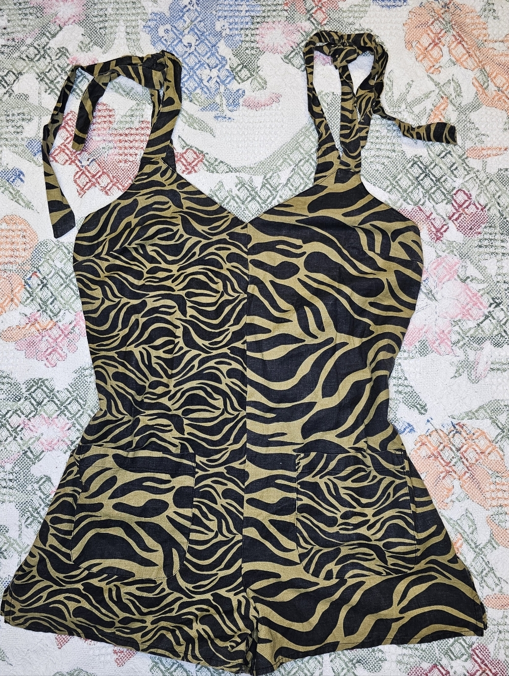 Topshop Black and Tan Animal Print Romper With Front Pockets